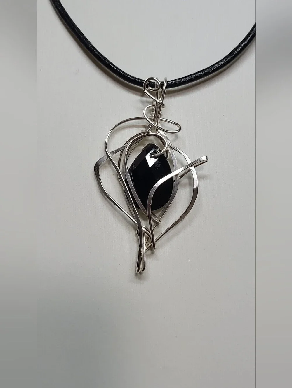 Black Onyx Wire-Wrapped Pendant Necklace with Silver Plated Copper Wire